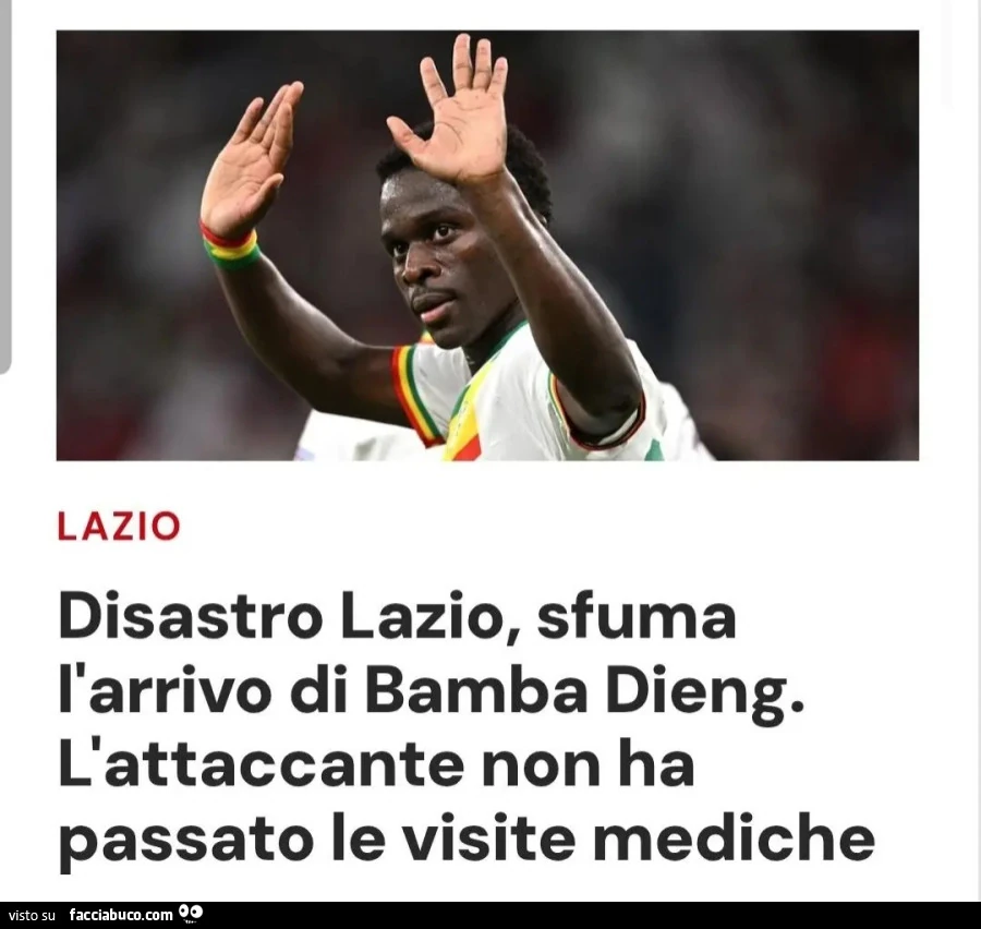 LAZIO Disastro Lazio, sfuma l'arrivo di Bamba Dieng. L'attaccante non ha passato le visite mediche