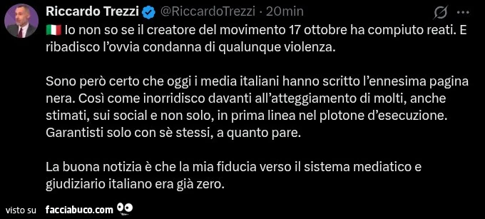 Io non so se il creatore del movimento 17 ottobre ha compiuto reati. E ribadisco l'ovvia condanna di qualunque violenza. Sono però certo che oggi i media italiani hanno scritto l'ennesima pagina nera