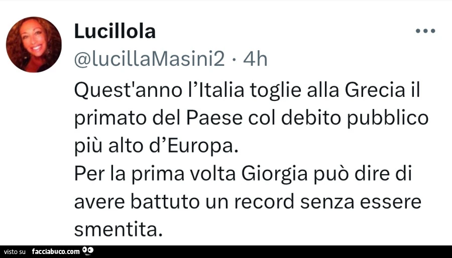 Quest'anno l'italia toglie alla grecia il primato del paese col debito pubblico più alto d'europa. Per la prima volta giorgia può dire di avere battuto un record senza essere smentita