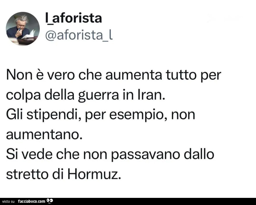 Non è vero che aumenta tutto per colpa della guerra in iran. Gli stipendi, per esempio, non aumentano. Si vede che non passavano dallo stretto di hormuz