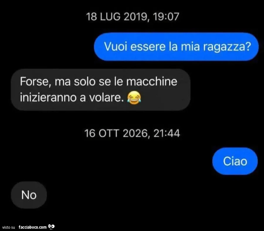 18 LUG 2019, 19: 07 Vuoi essere la mia ragazza? Forse, ma solo se le macchine inizieranno a volare. 16 OTT 2026, Ciao No