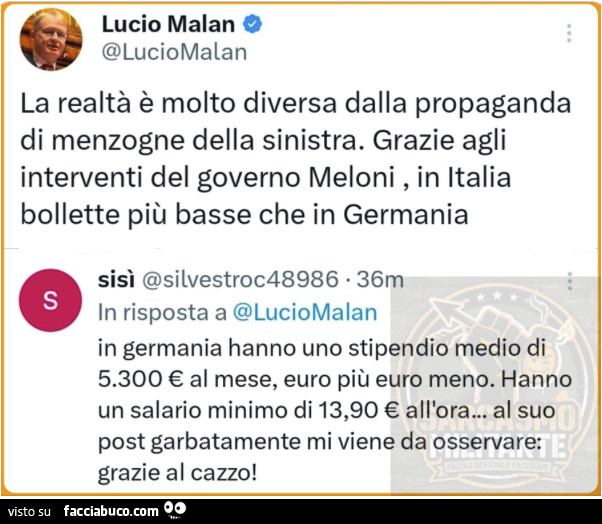 La realtà è molto diversa dalla propaganda di menzogne della sinistra. Grazie agli interventi del governo meloni, in italia bollette più basse che in germania