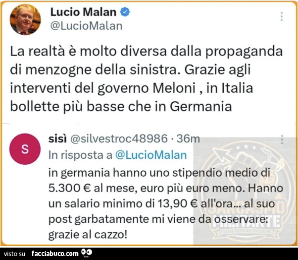 La realtà è molto diversa dalla propaganda di menzogne della sinistra. Grazie agli interventi del governo meloni, in italia bollette più basse che in germania
