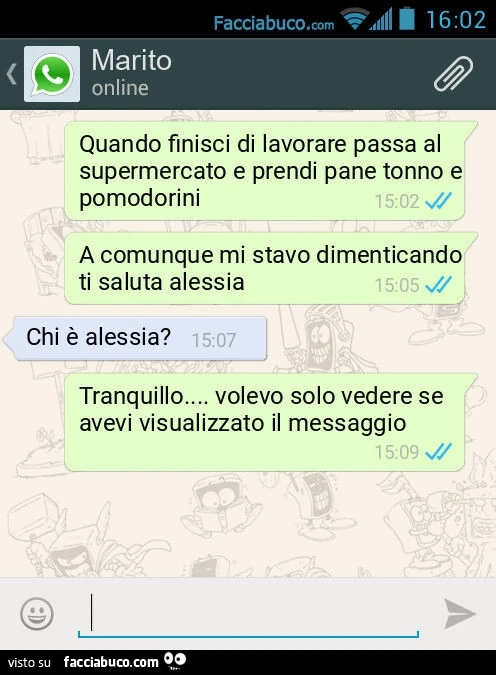 Quando finisci di lavorare passa al supermercato e prendi pane tonno e pomodorini. A comunque mi stavo dimenticando ti saluta alessia. Chi รจ alessia? Tranquillo… volevo solo vedere se avevi visualizzato il messaggio