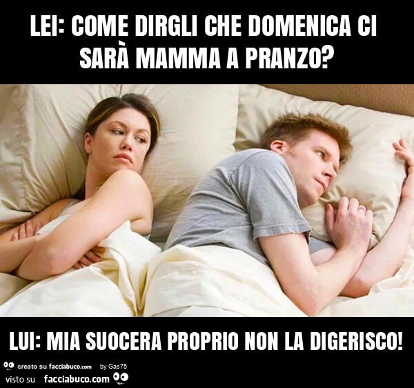 Lei: come dirgli che domenica ci sarà mamma a pranzo? Lui: mia suocera proprio non la digerisco