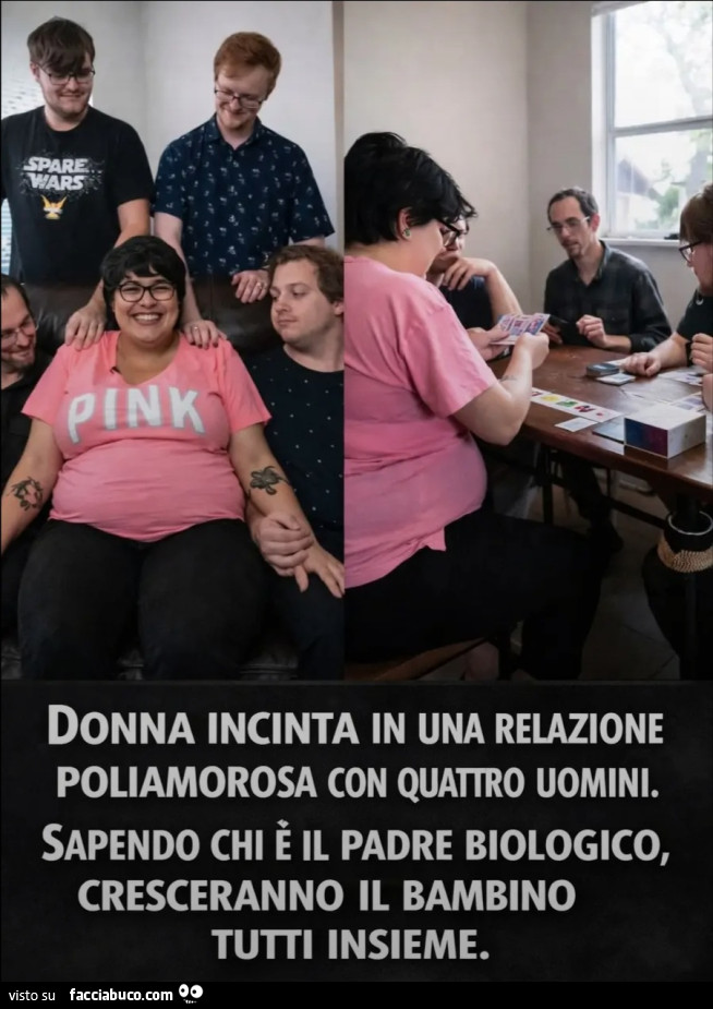 Donna incinta in una relazione poliamorosa con quattro uomini sapendo chi è il padre biologico cresceranno il bambino tutti insieme