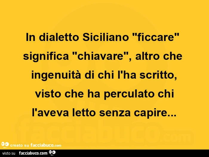 In dialetto siciliano "ficcare" significa "chiavare", altro che ingenuità di chi l'ha scritto, visto che ha perculato chi l'aveva letto senza capire