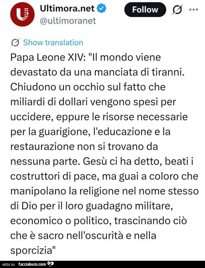 Papa Leone xiv: il mondo viene devastato da una manciata di tiranni. Chiudono un occhio sul fatto che miliardi di dollari vengono spesi per uccidere, eppure le risorse necessarie per la guarigione