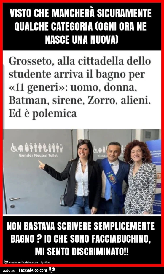 Visto che mancherà sicuramente qualche categoria (ogni ora ne nasce una nuova) non bastava scrivere semplicemente bagno? Io che sono facciabuchino, mi sento discriminato