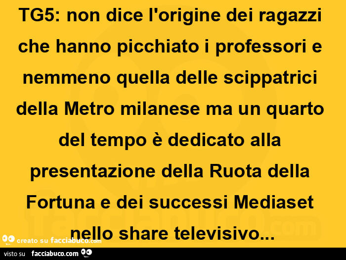 Tg5: non dice l'origine dei ragazzi che hanno picchiato i professori e nemmeno quella delle scippatrici della metro milanese ma un quarto del tempo รจ dedicato alla presentazione della ruota della fortuna e dei successi mediaset nello share televisivo