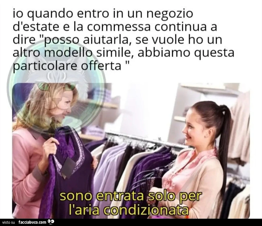 Io quando entro in un negozio d'estate e la commessa continua a dire posso aiutarla, se vuole ho un altro modello simile, abbiamo questa particolare offerta sono entrata solo per l'aria condizionata