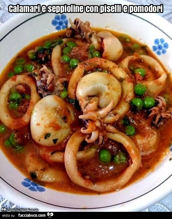 Calamari e seppioline con piselli e pomodori