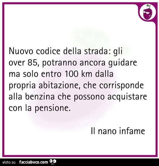 Nuovo codice della strada: gli over 85, potranno ancora guidare ma solo entro 100 km dalla propria abitazione, che corrisponde alla benzina che possono acquistare con la pensione