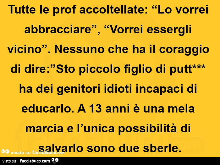 Tutte le prof accoltellate: io vorrei abbracciare, vorrei essergli vicino. Nessuno che ha il coraggio di dire: sto piccolo figlio di