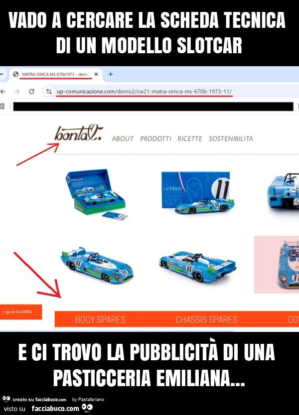 Vado a cercare la scheda tecnica di un modello slotcar e ci trovo la pubblicità di una pasticceria emiliana