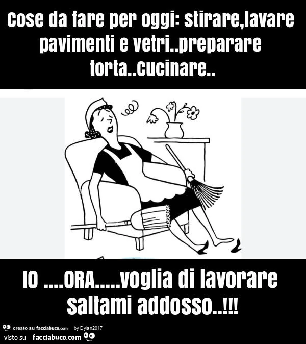 Cose da fare per oggi: stirare, lavare pavimenti e vetri. Preparare torta. Cucinare. Io… ora… voglia di lavorare saltami addosso