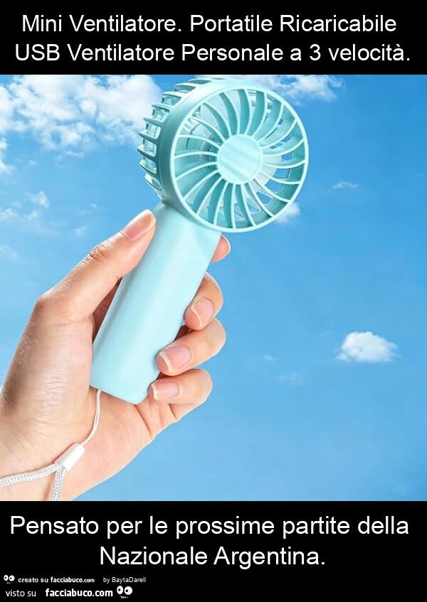 Mini ventilatore. Portatile ricaricabile usb ventilatore personale a 3 velocità. Pensato per le prossime partite della nazionale argentina