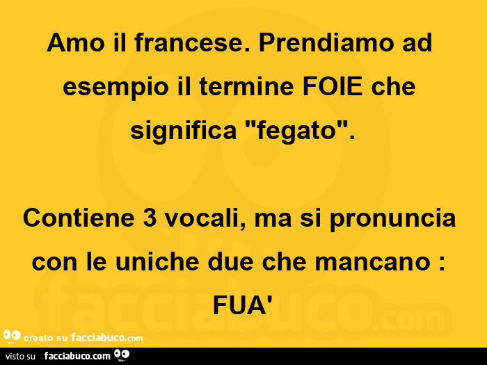 Amo il francese. Prendiamo ad esempio il termine foie che significa "fegato". Contiene 3 vocali, ma si pronuncia con le uniche due che mancano: fuà