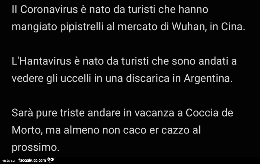 Il coronavirus è nato da turisti che hanno mangiato pipistrelli al mercato di wuhan, in cina. L'hantavirus è nato da turisti che sono andati a vedere gli uccelli in una discarica in argentina