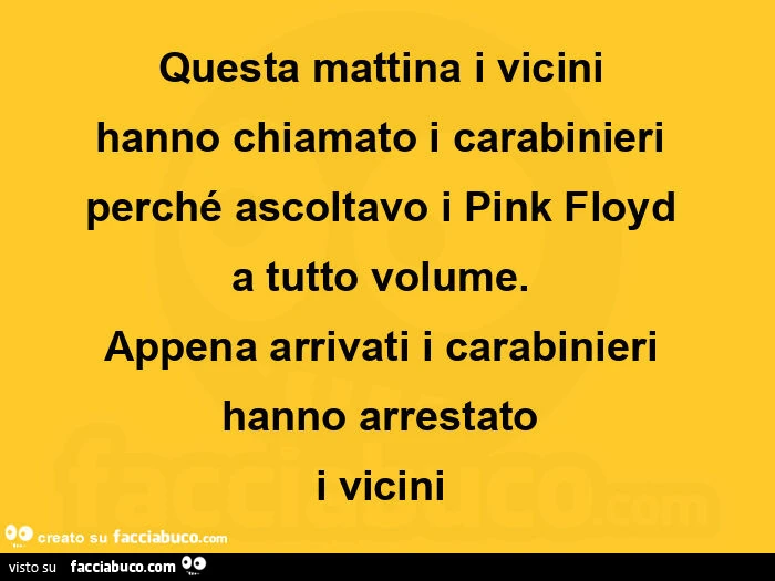 Questa mattina i vicini hanno chiamato i carabinieri perché ascoltavo i pink floyd a tutto volume. Appena arrivati i carabinieri hanno arrestato i vicini