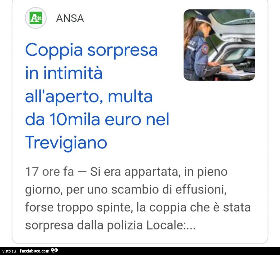 Coppia sorpresa in intimità all'aperto, multa da 10mila euro nel trevigiano