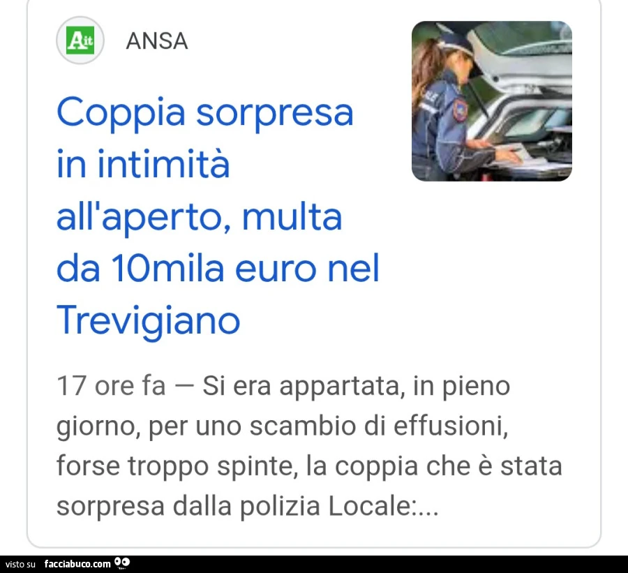 Coppia sorpresa in intimità all'aperto, multa da 10mila euro nel trevigiano