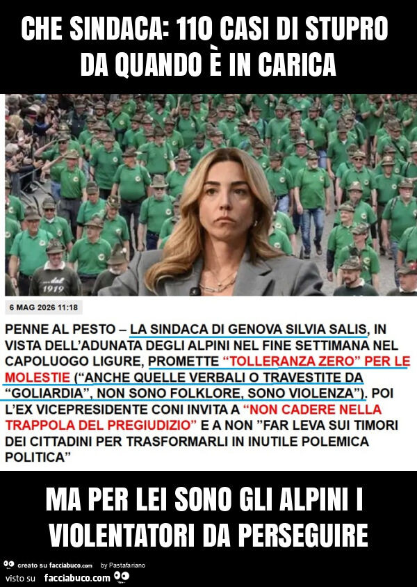 Che sindaca: 110 casi di stupro da quando è in carica ma per lei sono gli alpini i violentatori da perseguire