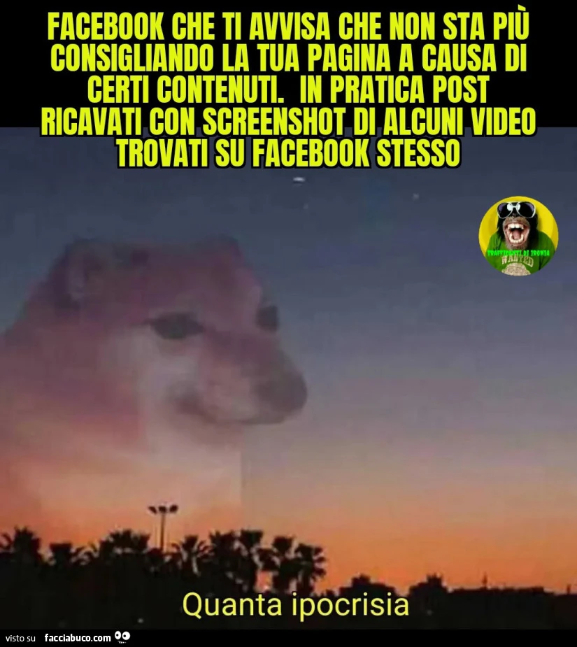 Facebook che ti avvisa che non sta più consigliando la tua pagina a causa di certi contenuti