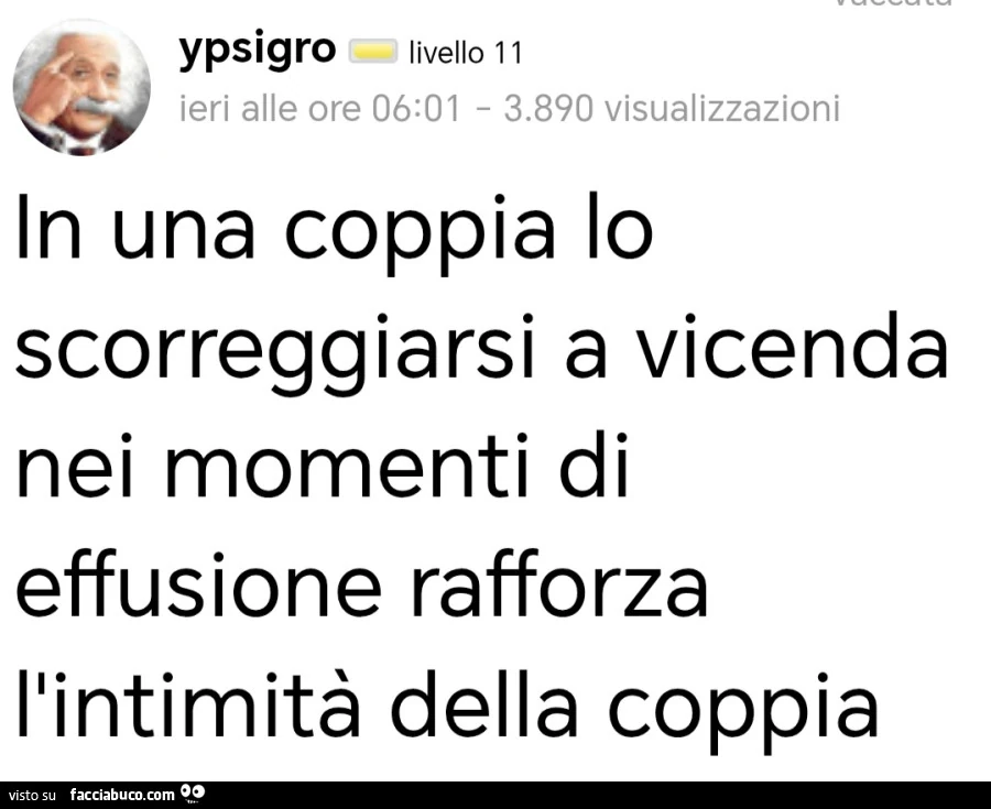 In una coppia lo scorreggiarsi a vicenda nei momenti di effusione rafforza ilintimità della coppia