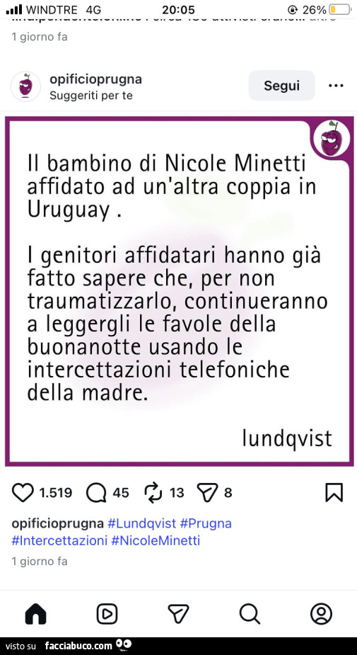 Il bambino di nicole minetti affidato ad un'altra coppia in uruguay. I genitori affidatari hanno già fatto sapere che, per non traumatizzarlo, continueranno a leggergli le favole della buonanotte usando le intercettazioni telefoniche della madre
