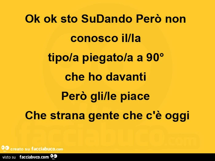 Ok ok sto sudando però non conosco il/la  tipo/a piegato/a a 90°  che ho davanti  però gli/le piace  che strana gente che c'è oggi