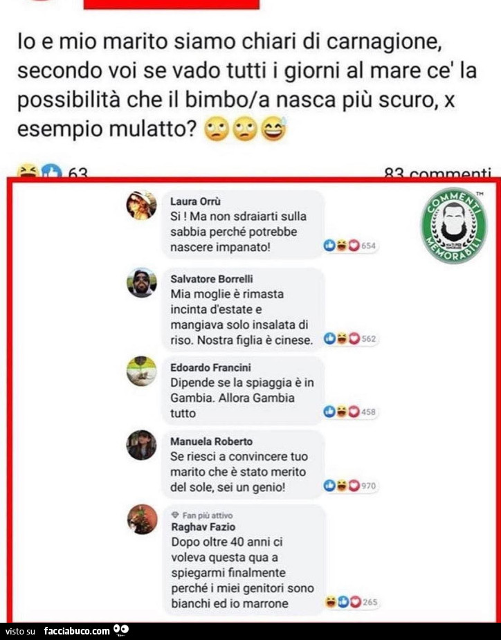 Io e mio marito siamo chiari di carnagione, secondo voi se vado tutti i giorni al mare cè la possibilità che il bimbo/a nasca più scuro, x esempio mulatto? Si! Ma non sdraiarti sulla sabbia perché potrebbe nascere impanato