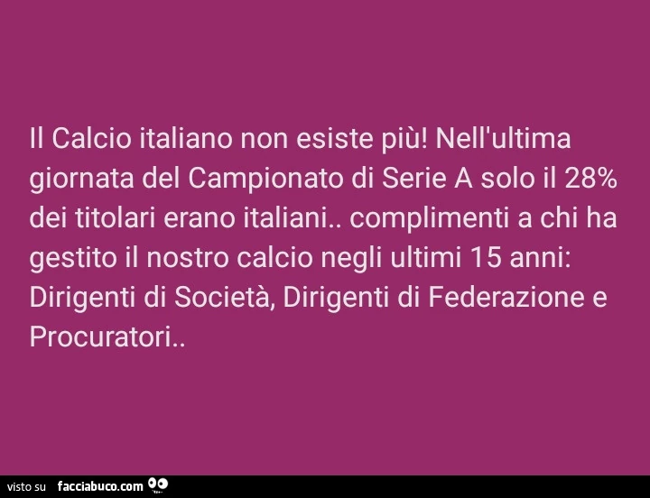 Il calcio italiano non esiste più! Nell'ultima giornata del campionato di serie a solo il 28% dei titolari erano italiani. Complimenti a chi ha gestito il nostro calcio negli ultimi 15 anni