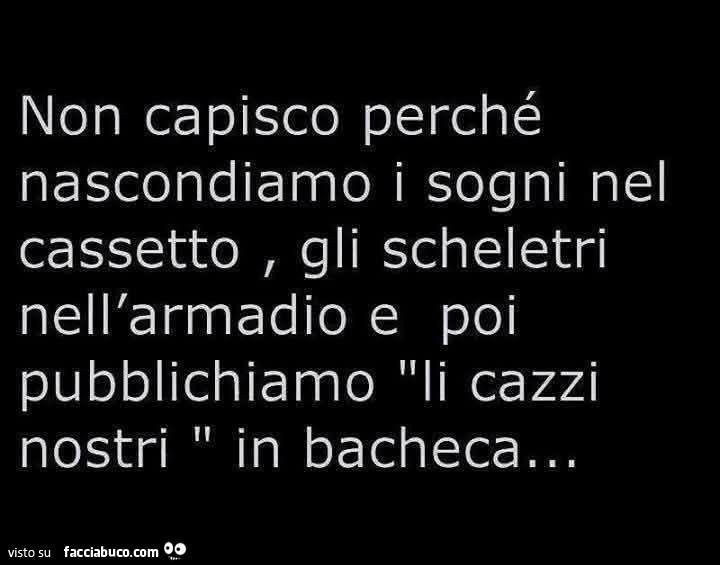 Non capisco perché nascondiamo i sogni nel cassetto, gli scheletri nell'armadio e poi pubblichiamo li cazzi nostri in bacheca