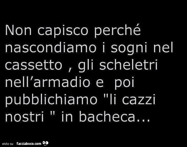 Non capisco perché nascondiamo i sogni nel cassetto, gli scheletri nell'armadio e poi pubblichiamo li cazzi nostri in bacheca
