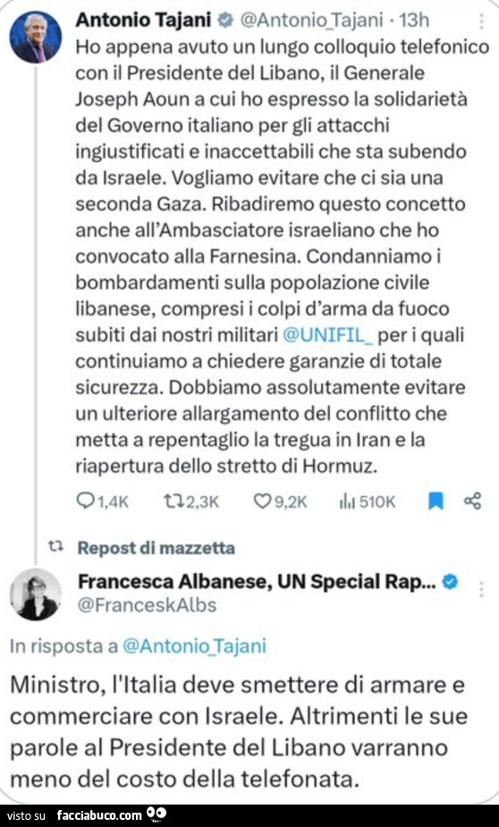 Ho appena avuto un lungo colloquio telefonico con il presidente del libano, il generale joseph aoun a cui ho espresso la solidarietà del governo italiano per gli attacchi ingiustificati e inaccettabili che sta subendo da israele
