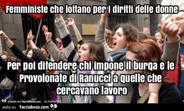 Femministe che lottano per i diritti delle donne per poi difendere chi impone il burqa e le provolonate di ranucci a quelle che cercavano lavoro