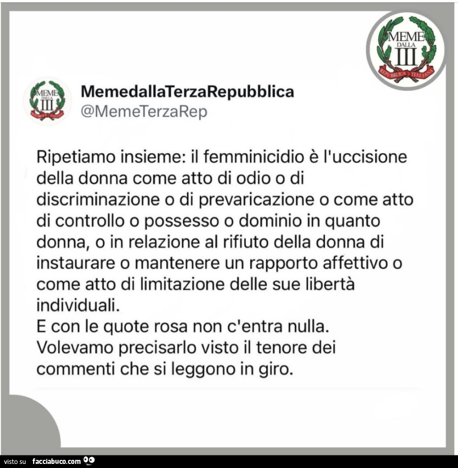 Ripetiamo insieme: il femminicidio è l'uccisione della donna come atto di odio o di discriminazione o di prevaricazione o come atto di controllo o possesso o dominio in quanto donna