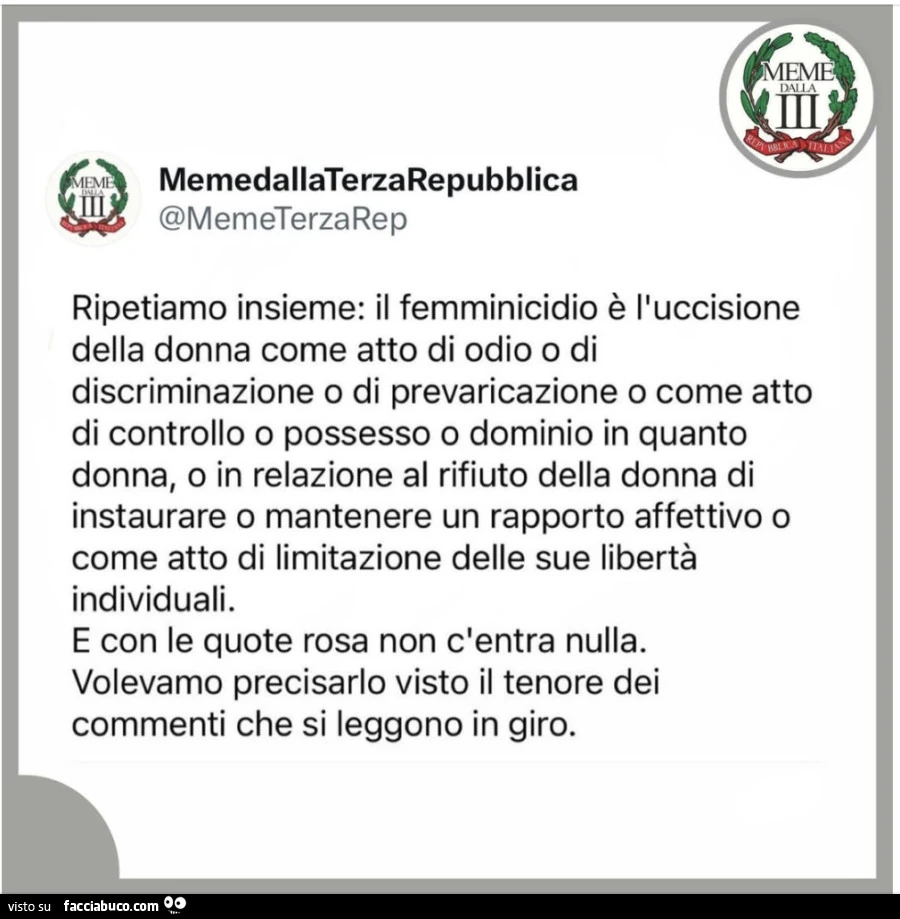 Ripetiamo insieme: il femminicidio è l'uccisione della donna come atto di odio o di discriminazione o di prevaricazione o come atto di controllo o possesso o dominio in quanto donna