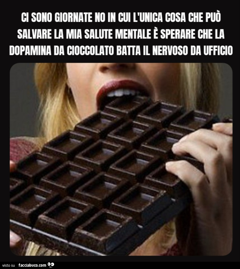 Ci sono giornate no in cui l'unica cosa che puรฒ salvare la mia salute mentale รจ sperare che la dopamina da cioccolato batta il nervoso da ufficio