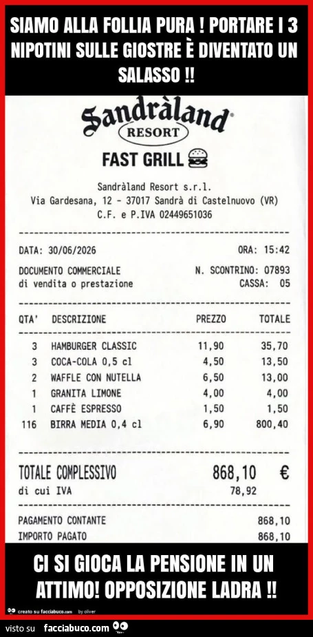 Siamo alla follia pura! Portare i 3 nipotini sulle giostre è diventato un salasso! Ci si gioca la pensione in un attimo! Opposizione ladra