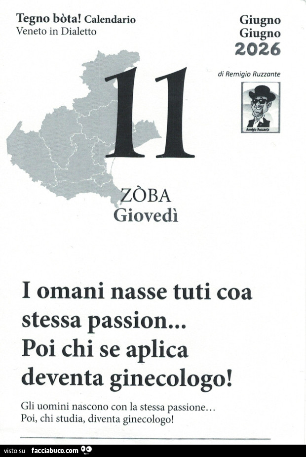 I omani nasse tuti coa stessa passion… poi chi se aplica deventa ginecologo! Gli uomini nascono con la stessa passione. Poi, chi studia, diventa ginecologo