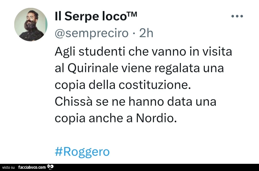 Agli studenti che vanno in visita al quirinale viene regalata una copia della costituzione. Chissà se ne hanno data una copia anche a nordio