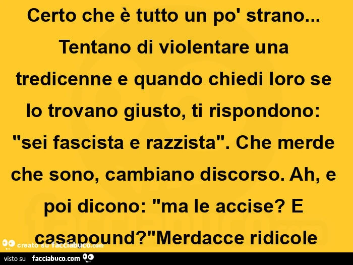 Certo che è tutto un po' strano&hellip; tentano di violentare una tredicenne e quando chiedi loro se lo trovano giusto, ti rispondono: sei fascista e razzista