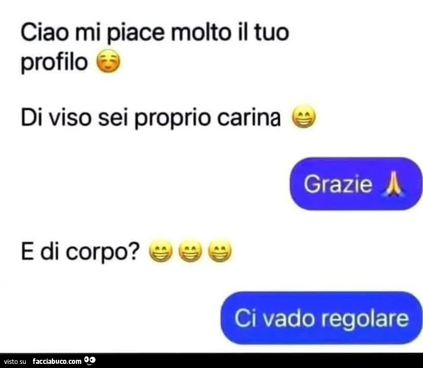 Ciao mi piace molto il tuo profilo di viso sei proprio carina. Grazie. E di corpo? Ci vado regolare