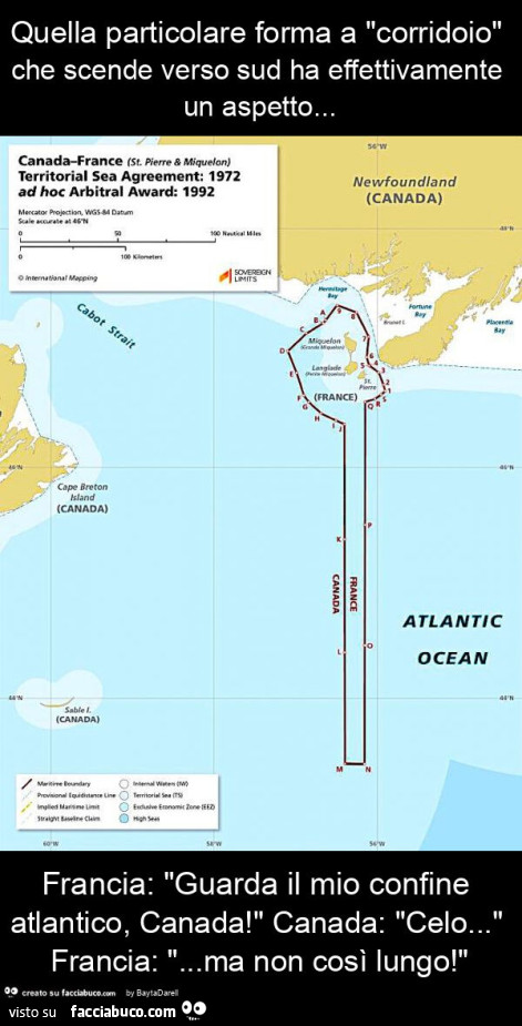 Il confine marittio tra Canada e Francia. Courtesy Amazing Maps / Da Neatorama / J. Farrier. Quella particolare forma a "corridoio" che scende verso sud ha effettivamente un aspetto… francia: "guarda il mio confine atlantico, canada!