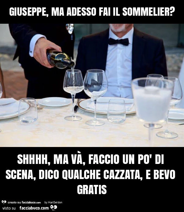 Giuseppe, ma adesso fai il sommelier? Shhhh, ma và, faccio un po' di scena, dico qualche cazzata, e bevo gratis