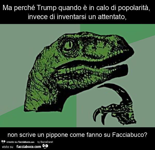 Ma perché trump quando è in calo di popolarità, invece di inventarsi un attentato, non scrive un pippone come fanno su facciabuco?