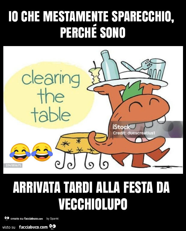 Io che mestamente sparecchio, perché sono arrivata tardi alla festa da vecchiolupo
