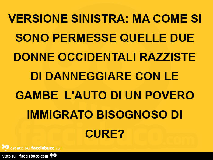 Versione sinistra: ma come si sono permesse quelle due donne occidentali razziste di danneggiare con le gambe  l'auto di un povero immigrato bisognoso di cure?  
